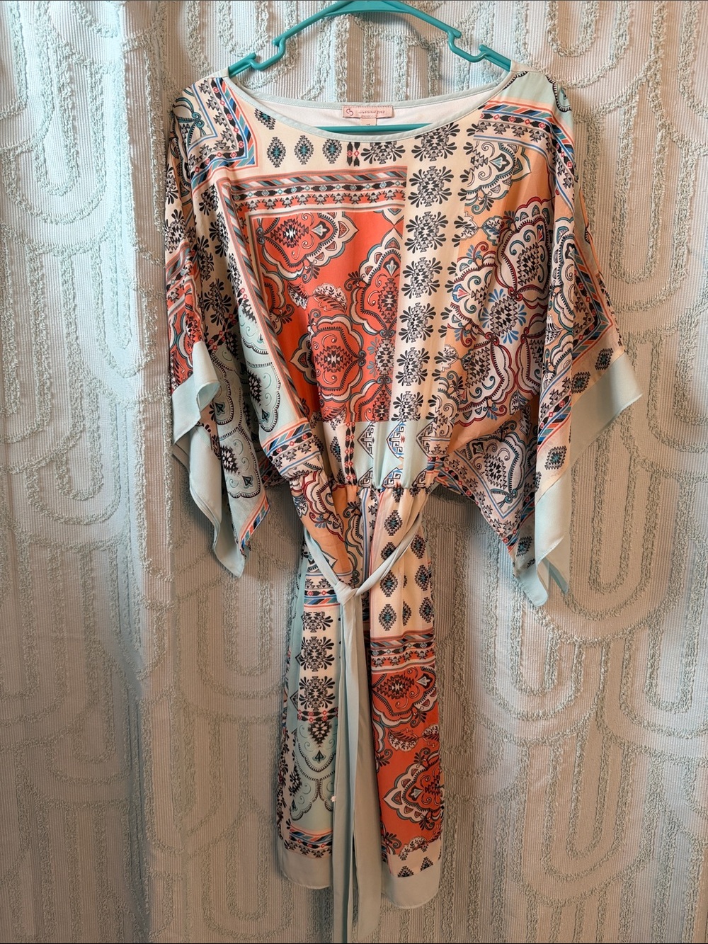Paisley Tie-Waist Mini Dress in Coral and Mint
